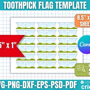 May include: A white sheet with multiple toothpick flag templates, each with a landscape design. A red flag graphic measures 1.5" x 1". The sheet size is 8.5" x 11". Text includes "TOOTHPICK FLAG TEMPLATE" and "DRAG & DROP DESIGN".