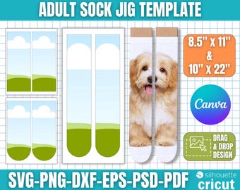 May include: An adult sock jig template with a dog image on socks. The template includes sock outlines with a landscape design, and a graphic that says "8.5" x 11" & 10" x 22". The image also includes the Canva and Cricut logos.