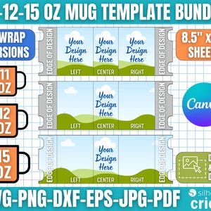 Peut inclure: Un ensemble de modèles numériques pour mugs de 11, 12 et 15 oz. Comprend trois versions d'enveloppement, des feuilles de 8,5" x 11" et des options de conception. Compatible avec Canva, Silhouette et Cricut.