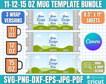 11oz, 12oz, 15oz Mug Template Set, Mug Wrap Template Bundle, Sublimation Mug Template, Mug Full Wrap Template, Mug Template Svg, Canva Edit