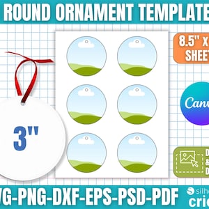 May include: White round ornament template with a red ribbon, measuring 7.6 cm. The image also shows a sheet of six round templates with a landscape design, and text that reads "3 ROUND ORNAMENT TEMPLATES" and "8.5" x 11" SHEETS".