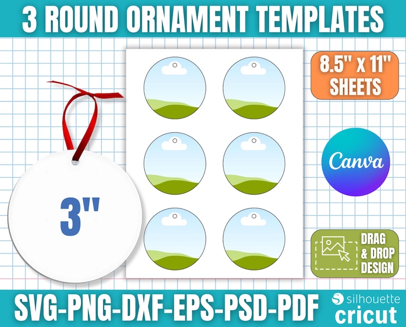 May include: White round ornament template with a red ribbon, measuring 7.6 cm. The image also shows a sheet of six round templates with a landscape design, and text that reads "3 ROUND ORNAMENT TEMPLATES" and "8.5" x 11" SHEETS".