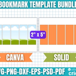 May include: A digital bookmark template bundle with two designs: one with a landscape scene and the other solid orange. The bundle includes Canva and Solid options, with dimensions of 2" x 5". Formats include SVG, PNG, DXF, EPS, PSD, and PDF.