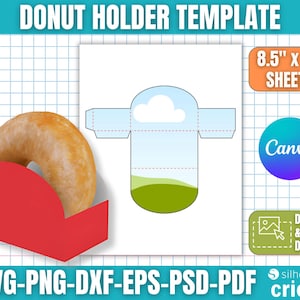 Könnte beinhalten: Ein glasierter Donut liegt in einem roten Papierhalter neben einer Vorlage für einen Donut-Halter. Die Vorlage ist weiß mit einem Design aus blauem Himmel und grünem Gras. Text enthält "DONUT HOLDER TEMPLATE" und "8.5" x 11" SHEETS" (ca. 21,6 x 28 cm).