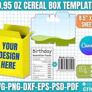May include: A yellow cereal box template with the text "YOUR DESIGN HERE". The design includes a nutrition facts label, a barcode, and the text "8.5" x 11" SHEETS". The template is for SVG, PNG, DXF, EPS, PSD, and PDF files.