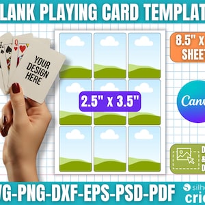 Puede incluir: Una plantilla de cartas de juego en blanco con una cuadrícula de contornos de cartas, cada una de 6,35 cm x 8,89 cm. La plantilla incluye una muestra de cartas de juego sostenidas por una mano. También aparece el texto "YOUR DESIGN HERE".