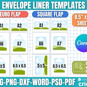 May include: A digital design template for envelope liners, featuring Euro and Square flap styles. Includes various sizes, such as 8.5" x 11" sheets, A1, A2, A6, A7, 5x5, and 6.5 x 6.5 inches. The design is compatible with Canva, and offers drag and drop design capabilities.