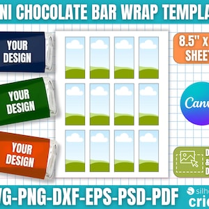 May include: A template for mini chocolate bar wraps. The design includes three wrapped chocolate bars with the text "YOUR DESIGN" on navy blue, green, and orange backgrounds. Also included are landscape templates, and the text "8.5" x 11" SHEETS", "Canva", and "DRAG & DROP DESIGN".