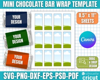 Plantilla para envoltorios de mini chocolates, SVG para envoltorios de barras de chocolate, etiquetas para mini barras de chocolate, etiquetas personalizadas para chocolates, plantilla para recuerdos de fiesta, editable en Canva