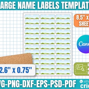 May include: A template for large name labels with a light blue and green design. The sheet size is 21.6 cm x 27.9 cm. The labels are 6.6 cm x 1.9 cm. The design is compatible with Canva, and drag and drop design is available.