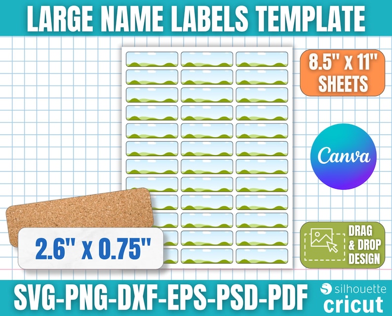 May include: A template for large name labels with a light blue and green design. The sheet size is 21.6 cm x 27.9 cm. The labels are 6.6 cm x 1.9 cm. The design is compatible with Canva, and drag and drop design is available.
