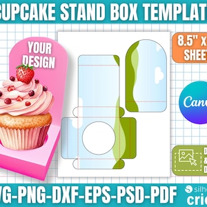 以下が含まれることがあります： 水彩画のカップケーキイラストが描かれたピンク色のカップケーキスタンドボックステンプレート。「Your Design」と「8.5" x 11" Sheets」の文字が含まれています。テンプレートはSVG、PNG、DXF、EPS、PSD、PDF形式に対応しています。
