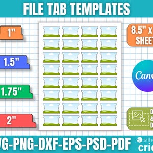 以下が含まれることがあります： 「FILE TAB TEMPLATES」のテキストが入ったファイルタブテンプレートのシート。オレンジ、青、緑、赤のタブがあり、それぞれ1インチ、1.5インチ、1.75インチ、2インチです。「8.5インチ x 11インチ SHEETS」と書かれており、Canvaのロゴも含まれています。