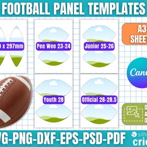 May include: A digital design template for football panel templates. The image includes a brown football, various football panel designs, and text that reads "FOOTBALL PANEL TEMPLATES", "A3 SHEETS", "Canva", and "DRAG & DROP DESIGN". The template sizes are 420 x 297mm.