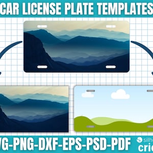 K&ouml;nnte beinhalten: Vorlage f&uuml;r Kfz-Kennzeichen mit Berg- und Landschaftsdesigns. Das obere Kennzeichen zeigt eine blaue Bergkette. Das untere Kennzeichen hat eine gr&uuml;ne Landschaft mit blauem Himmel und Wolken. Der Text "SVG-PNG-DXF-EPS-PSD-PDF Cricut" ist enthalten.