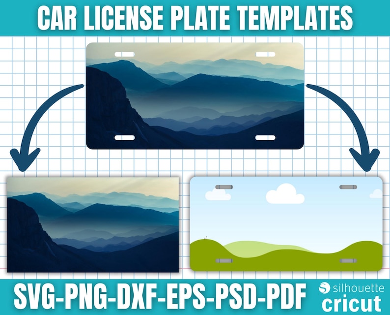 K&ouml;nnte beinhalten: Vorlage f&uuml;r Kfz-Kennzeichen mit Berg- und Landschaftsdesigns. Das obere Kennzeichen zeigt eine blaue Bergkette. Das untere Kennzeichen hat eine gr&uuml;ne Landschaft mit blauem Himmel und Wolken. Der Text "SVG-PNG-DXF-EPS-PSD-PDF Cricut" ist enthalten.