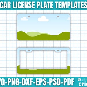 K&ouml;nnte beinhalten: Zwei Vorlagen f&uuml;r Kfz-Kennzeichen. Die obere Vorlage zeigt einen blauen Himmel mit wei&szlig;en Wolken und gr&uuml;nen H&uuml;geln. Die untere Vorlage ist ein hellblauer Rahmen mit gr&uuml;nen Akzenten. Der Text oben lautet "CAR LICENSE PLATE TEMPLATES".