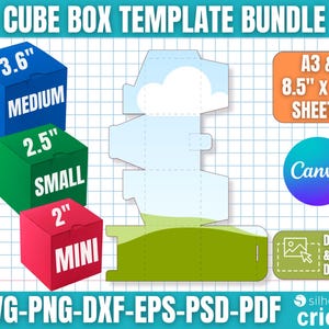 May include: A digital template bundle for cube boxes. The image shows three colored cube boxes labeled "Medium" (3.6"), "Small" (2.5"), and "Mini" (2"). Also included are box templates, Canva logo, and text "Drag & Drop Design". The file formats are SVG, PNG, DXF, EPS, PSD, and PDF.