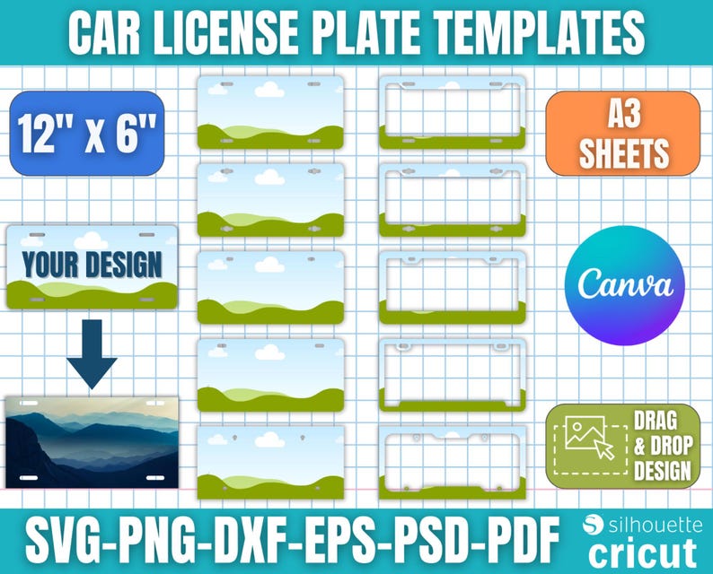 K&ouml;nnte beinhalten: Vorlage f&uuml;r Kfz-Kennzeichen mit dem Text "CAR LICENSE PLATE TEMPLATES". Das Bild enth&auml;lt ein blaues Rechteck mit "12" x 6"" (30.5cm x 15.2cm) und ein oranges Rechteck mit "A3 SHEETS". Das Bild enth&auml;lt auch den Text "YOUR DESIGN", "Canva" und "DRAG & DROP DESIGN".