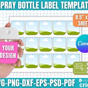 以下が含まれることがあります： 「SPRAY BOTTLE LABEL TEMPLATE」のテキストが入ったスプレーボトルラベルのテンプレート。画像には、「YOUR DESIGN」のテキストが入ったピンク色のスプレーボトルを持った手が含まれています。テンプレートは21.59 cm x 27.94 cmのシート用で、Canva、Silhouette、Cricutに対応しています。