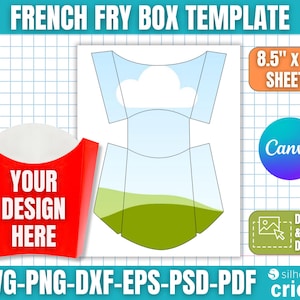 Könnte beinhalten: Eine rote Pommes-Box-Vorlage mit dem Text "YOUR DESIGN HERE". Das Design beinhaltet eine Vorlage für ein A4-Blatt mit einem Design aus blauem Himmel und grünem Gras. Das Bild enthält auch den Text "SVG-PNG-DXF-EPS-PSD-PDF".