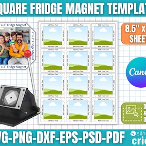 Może przedstawiać: Szablon na kwadratowe magnesy na lodówkę, z przykładowym zdjęciem rodzinnym i arkuszem szablonów 21,6 cm x 28 cm. Zawiera maszynę do robienia magnesów oraz elementy projektu dla Canva i Cricut.