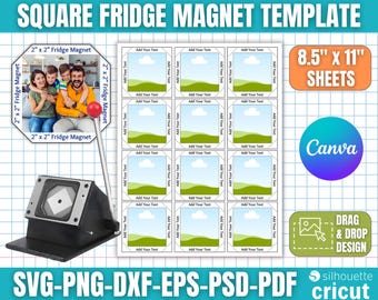 2x2 quadratische Kühlschrankmagnetvorlage, Fotomagnetvorlage, Magnetherstellervorlage, Magnetmaschinenvorlage, Magnetvorlage, Canva bearbeitbar