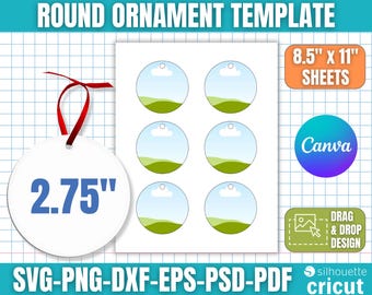 May include: White round ornament template with a red ribbon, measuring 2.75 inches. The image includes a sheet of six round templates with a landscape design, and text that reads "ROUND ORNAMENT TEMPLATE" and "8.5" x 11" SHEETS".