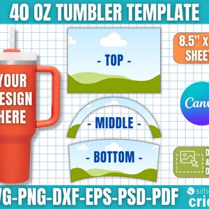 Puede incluir: Una plantilla de vaso rojo de 1,18 litros con asa, pajita y tapa. El texto "YOUR DESIGN HERE" está en el vaso. La imagen incluye plantillas de diseño para la parte superior, media e inferior del vaso, junto con el texto "8.5" x 11" SHEETS", "Canva" y "DRAG & DROP DESIGN".