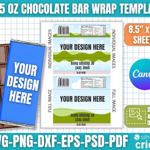 Könnte beinhalten: Eine blaue Schokoladenriegel-Wrapper-Vorlage mit dem Text "YOUR DESIGN HERE" neben einem Schokoriegel. Die Vorlage enthält einzelne und vollständige Bilddesigns mit dem Text "YOUR DESIGN HERE" und "GLUE HERE". Das Bild enthält auch den Text "1.55 OZ CHOCOLATE BAR WRAP TEMPLATE" und "8.5" x 11" SHEETS".
