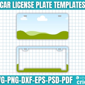K&ouml;nnte beinhalten: Ein digitales Design mit zwei Kfz-Kennzeichenvorlagen. Die obere Platte hat ein Landschaftsdesign mit blauem Himmel, wei&szlig;en Wolken und gr&uuml;nen H&uuml;geln. Die untere Platte ist ein Rahmen. Der Text unten lautet "CAR LICENSE PLATE TEMPLATES".