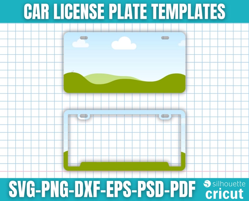K&ouml;nnte beinhalten: Ein digitales Design mit zwei Kfz-Kennzeichenvorlagen. Die obere Platte hat ein Landschaftsdesign mit blauem Himmel, wei&szlig;en Wolken und gr&uuml;nen H&uuml;geln. Die untere Platte ist ein Rahmen. Der Text unten lautet "CAR LICENSE PLATE TEMPLATES".