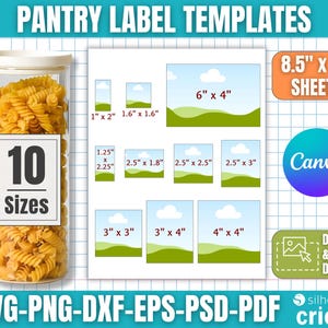 May include: A clear jar filled with pasta next to a sheet of pantry label templates. The templates come in 10 sizes, ranging from 1" x 2" to 4" x 4". The image also includes the text "PANTRY LABEL TEMPLATES" and "8.5" x 11" SHEETS."