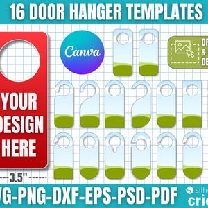 May include: A collection of 16 door hanger templates. The templates are in various shapes and sizes, with a red door hanger that is 8.5 inches tall and 3.5 inches wide. The text "YOUR DESIGN HERE" is displayed on the red door hanger. The image also includes the text "SVG-PNG-DXF-EPS-PSD-PDF".