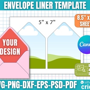 May include: An envelope liner template with the text "YOUR DESIGN" inside a pink envelope. The design includes a 5" x 7" template and an 8.5" x 11" sheet option. The design is compatible with Canva, and drag and drop design is available.