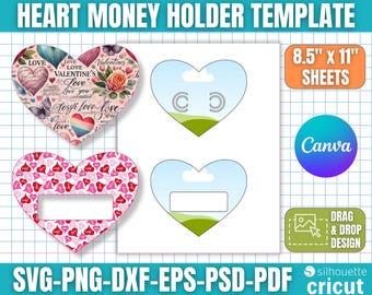 Heart Money Holder Card Templates, Money Card Svg, Money Holder Svg, Gift Card Holder Svg, Custom Card Template, DIY Printable Cards, Canva