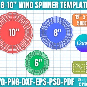 Op de afbeelding: Sjablonen voor windspinners in rood (25,4 cm), blauw (20,3 cm) en groen (15,2 cm). De afbeelding bevat de tekst "6-8-10" WIND SPINNER TEMPLATES" en "12" x 12" SHEETS". Bevat ook "SVG-PNG-DXF-EPS-PSD-PDF" en "DRAG & DROP DESIGN".