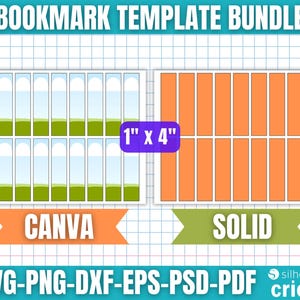 May include: A digital bookmark template bundle with two design options. One design features a series of vertical rectangles with a green and blue design. The other design is solid orange rectangles. The text "CANVA" and "SOLID" are included. The dimensions are 1" x 4".