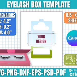 以下が含まれることがあります： ピンク色のつけまつげボックスのテンプレート。寸法は長さ10.7cm、高さ0.5cm、幅10.2cm。デザインには「YOUR DESIGN」というテキストが入ったボックスの輪郭が含まれています。画像には「EYELASH BOX TEMPLATE」と「8.5" x 11" SHEETS」というテキストも表示されています。