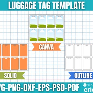 Puede incluir: Una plantilla de etiqueta de equipaje con tres opciones de dise&ntilde;o: una escena de paisaje, etiquetas naranjas s&oacute;lidas y etiquetas de contorno. El texto "LUGGAGE TAG TEMPLATE" est&aacute; en la parte superior. La imagen incluye el texto "CANVA", "SOLID" y "OUTLINE".