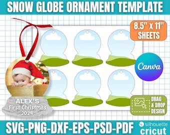 May include: Snow globe ornament template with the text "SNOW GLOBE ORNAMENT TEMPLATE". Includes a sample ornament with a baby in a Santa hat and the text "ALEX'S First Christmas 2024". The template is on 8.5" x 11" sheets.