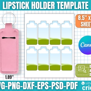 May include: A pink lipstick holder template with a key ring, measuring 10.49 cm in height and 4.80 cm in width. The image also includes a sheet of A4 designs, and the text "LIPSTICK HOLDER TEMPLATE".