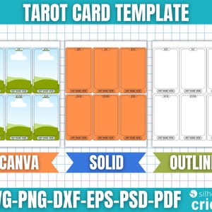 May include: Tarot card template with three design options: Canva, Solid, and Outline. The Canva design features a blue sky and green landscape. The Solid design is orange, and the Outline design is white. Text includes "TAROT CARD TEMPLATE" and file type options.
