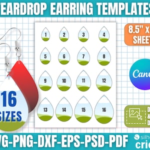 May include: Teardrop earring templates with 16 sizes, available in SVG, PNG, DXF, EPS, PSD, and PDF formats. The image includes a sample earring design with red and white accents, and a sheet size of 8.5" x 11".