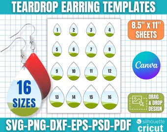 16 Größe Teardrop Ohrring Template Bundle, Sublimationsohrring Vorlage, Teardrop Canva, Teardrop svg, Teardrop Cut File, Canva bearbeitbar