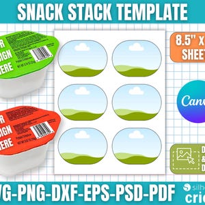 May include: A template design for snack containers and labels. The image includes a sheet of oval-shaped labels with a sky and landscape design, and two snack containers with "YOUR DESIGN HERE" text. The text "SNACK STACK TEMPLATE" is at the top.