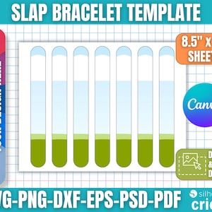 May include: A template for slap bracelets with a white background and a grid pattern. The design includes a vertical bar with the text "YOUR DESIGN HERE" and a series of vertical rectangles with green, light blue, and white sections. The image also includes the text "SLAP BRACELET TEMPLATE" and "8.5" x 11" SHEETS".