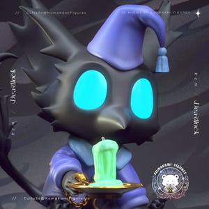 May include: A black figure with glowing blue eyes and a purple nightcap, holding a green candle on a gold tray. The figure is wearing a purple outfit. Text on the image includes "Rem / Deadlock" and "Kumakami Figures".