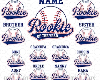 May include: A set of 12 baseball-themed designs featuring the text "Rookie of the Year" with various family member titles, such as "Mommy", "Daddy", "Brother", "Sister", "Grandpa", "Grandma", "Mini", "Aunt", "Uncle", "Nanny", "Cousin", and "Mama".