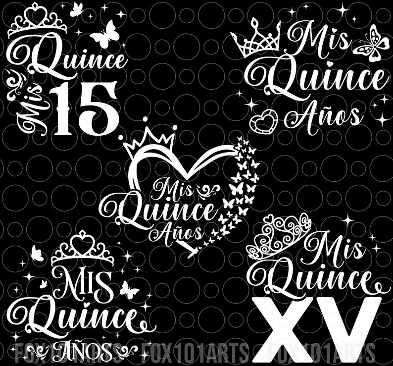 May include: A black and white graphic design with the text "Mis Quince" and "15" in a heart shape with butterflies and a crown. The design is repeated in different variations with the text "Mis Quince A&ntilde;os" and "XV".